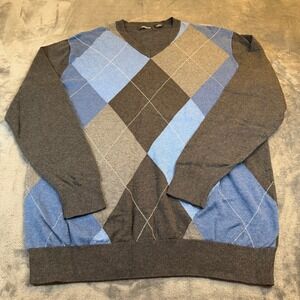 Claiborne Argyle V Neck Sweater Dark Gray Blue Classic Casual Mens Large Tall LT
